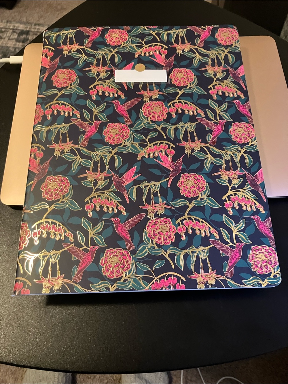 Papyrus Hummingbird and florals Stitched Paper Notebook - Navy with Pink Flowers